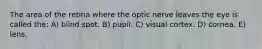 The area of the retina where the optic nerve leaves the eye is called the: A) blind spot. B) pupil. C) visual cortex. D) cornea. E) lens.