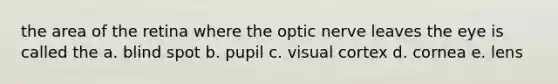 the area of the retina where the optic nerve leaves the eye is called the a. blind spot b. pupil c. visual cortex d. cornea e. lens