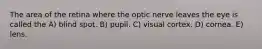 The area of the retina where the optic nerve leaves the eye is called the A) blind spot. B) pupil. C) visual cortex. D) cornea. E) lens.