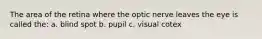 The area of the retina where the optic nerve leaves the eye is called the: a. blind spot b. pupil c. visual cotex