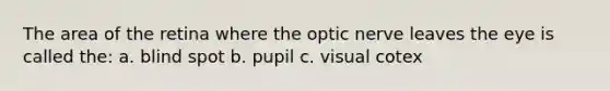 The area of the retina where the optic nerve leaves the eye is called the: a. blind spot b. pupil c. visual cotex