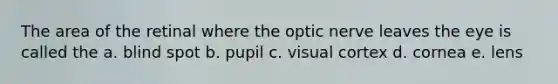 The area of the retinal where the optic nerve leaves the eye is called the a. blind spot b. pupil c. visual cortex d. cornea e. lens