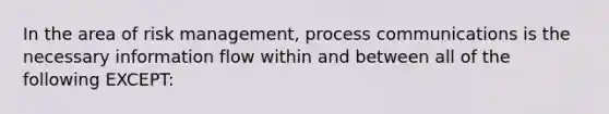 In the area of risk management, process communications is the necessary information flow within and between all of the following EXCEPT: