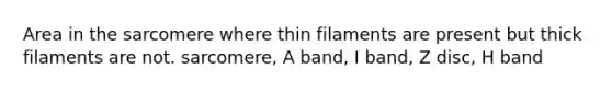 Area in the sarcomere where thin filaments are present but thick filaments are not. sarcomere, A band, I band, Z disc, H band