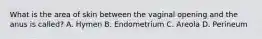 What is the area of skin between the vaginal opening and the anus is called? A. Hymen B. Endometrium C. Areola D. Perineum
