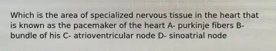 Which is the area of specialized nervous tissue in the heart that is known as the pacemaker of the heart A- purkinje fibers B- bundle of his C- atrioventricular node D- sinoatrial node