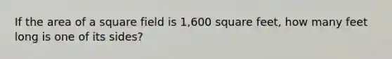 If the <a href='https://www.questionai.com/knowledge/kpRTExW3NL-area-of-a-square' class='anchor-knowledge'>area of a square</a> field is 1,600 square feet, how many feet long is one of its sides?