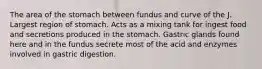 The area of the stomach between fundus and curve of the J. Largest region of stomach. Acts as a mixing tank for ingest food and secretions produced in the stomach. Gastric glands found here and in the fundus secrete most of the acid and enzymes involved in gastric digestion.