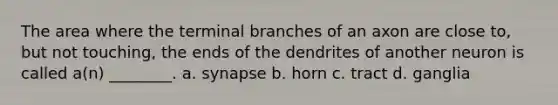 The area where the terminal branches of an axon are close to, but not touching, the ends of the dendrites of another neuron is called a(n) ________. a. synapse b. horn c. tract d. ganglia