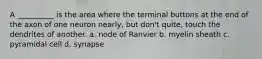 A __________ is the area where the terminal buttons at the end of the axon of one neuron nearly, but don't quite, touch the dendrites of another. a. node of Ranvier b. myelin sheath c. pyramidal cell d. synapse