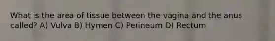 What is the area of tissue between the vagina and the anus called? A) Vulva B) Hymen C) Perineum D) Rectum