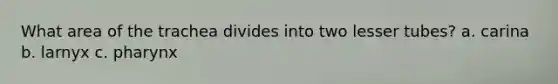 What area of the trachea divides into two lesser tubes? a. carina b. larnyx c. pharynx