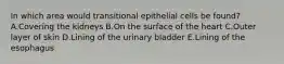 In which area would transitional epithelial cells be found? A.Covering the kidneys B.On the surface of the heart C.Outer layer of skin D.Lining of the urinary bladder E.Lining of the esophagus