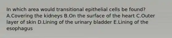 In which area would transitional epithelial cells be found? A.Covering the kidneys B.On the surface of the heart C.Outer layer of skin D.Lining of the urinary bladder E.Lining of the esophagus