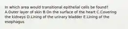 In which area would transitional epithelial cells be found? A.Outer layer of skin B.On the surface of the heart C.Covering the kidneys D.Lining of the urinary bladder E.Lining of the esophagus