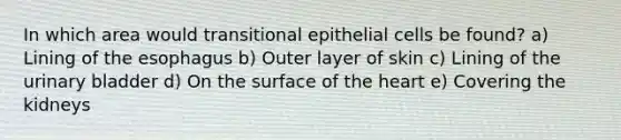 In which area would transitional epithelial cells be found? a) Lining of <a href='https://www.questionai.com/knowledge/kSjVhaa9qF-the-esophagus' class='anchor-knowledge'>the esophagus</a> b) Outer layer of skin c) Lining of the <a href='https://www.questionai.com/knowledge/kb9SdfFdD9-urinary-bladder' class='anchor-knowledge'>urinary bladder</a> d) On the surface of <a href='https://www.questionai.com/knowledge/kya8ocqc6o-the-heart' class='anchor-knowledge'>the heart</a> e) Covering the kidneys