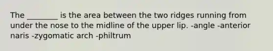 The ________ is the area between the two ridges running from under the nose to the midline of the upper lip. -angle -anterior naris -zygomatic arch -philtrum