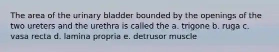 The area of the urinary bladder bounded by the openings of the two ureters and the urethra is called the a. trigone b. ruga c. vasa recta d. lamina propria e. detrusor muscle