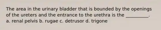 The area in the urinary bladder that is bounded by the openings of the ureters and the entrance to the urethra is the __________. a. renal pelvis b. rugae c. detrusor d. trigone