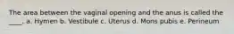 The area between the vaginal opening and the anus is called the ____. a. Hymen b. Vestibule c. Uterus d. Mons pubis e. Perineum