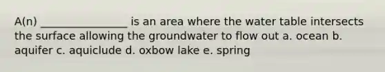 A(n) ________________ is an area where <a href='https://www.questionai.com/knowledge/kra6qgcwqy-the-water-table' class='anchor-knowledge'>the water table</a> intersects the surface allowing the groundwater to flow out a. ocean b. aquifer c. aquiclude d. oxbow lake e. spring