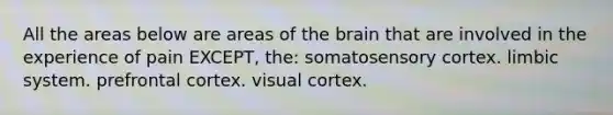 All the areas below are areas of the brain that are involved in the experience of pain EXCEPT, the: somatosensory cortex. limbic system. prefrontal cortex. visual cortex.