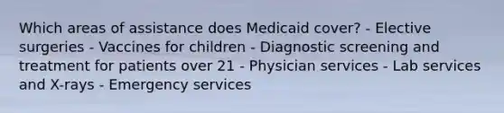 Which areas of assistance does Medicaid cover? - Elective surgeries - Vaccines for children - Diagnostic screening and treatment for patients over 21 - Physician services - Lab services and X-rays - Emergency services