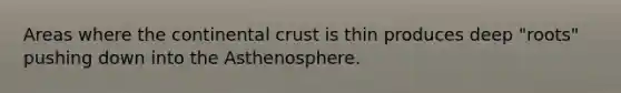 Areas where the continental crust is thin produces deep "roots" pushing down into the Asthenosphere.