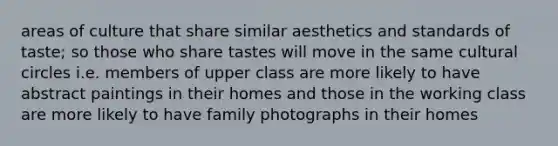 areas of culture that share similar aesthetics and standards of taste; so those who share tastes will move in the same cultural circles i.e. members of upper class are more likely to have abstract paintings in their homes and those in the working class are more likely to have family photographs in their homes