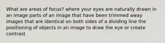 What are areas of focus? where your eyes are naturally drawn in an image parts of an image that have been trimmed away images that are identical on both sides of a dividing line the positioning of objects in an image to draw the eye or create contrast