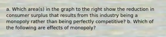 a. Which​ area(s) in the graph to the right show the reduction in consumer surplus that results from this industry being a monopoly rather than being perfectly​ competitive? b. Which of the following are effects of​ monopoly?