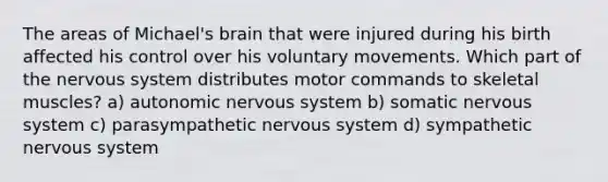 The areas of Michael's brain that were injured during his birth affected his control over his voluntary movements. Which part of the nervous system distributes motor commands to skeletal muscles? a) autonomic nervous system b) somatic nervous system c) parasympathetic nervous system d) sympathetic nervous system