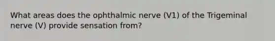 What areas does the ophthalmic nerve (V1) of the Trigeminal nerve (V) provide sensation from?