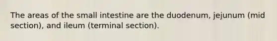 The areas of the small intestine are the duodenum, jejunum (mid section), and ileum (terminal section).