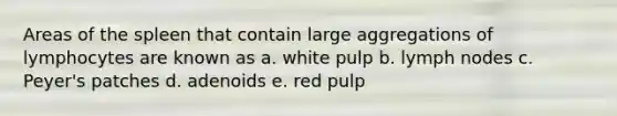 Areas of the spleen that contain large aggregations of lymphocytes are known as a. white pulp b. lymph nodes c. Peyer's patches d. adenoids e. red pulp