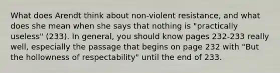 What does Arendt think about non-violent resistance, and what does she mean when she says that nothing is "practically useless" (233). In general, you should know pages 232-233 really well, especially the passage that begins on page 232 with "But the hollowness of respectability" until the end of 233.