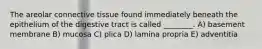 The areolar connective tissue found immediately beneath the epithelium of the digestive tract is called ________. A) basement membrane B) mucosa C) plica D) lamina propria E) adventitia
