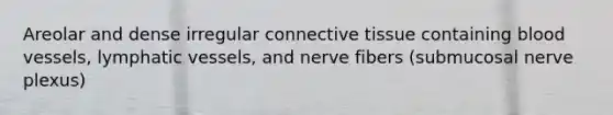 Areolar and dense irregular connective tissue containing blood vessels, lymphatic vessels, and nerve fibers (submucosal nerve plexus)