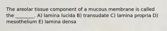 The areolar tissue component of a mucous membrane is called the ________. A) lamina lucida B) transudate C) lamina propria D) mesothelium E) lamina densa