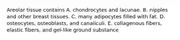 Areolar tissue contains A. chondrocytes and lacunae. B. nipples and other breast tissues. C. many adipocytes filled with fat. D. osteocytes, osteoblasts, and canaliculi. E. collagenous fibers, elastic fibers, and gel-like ground substance