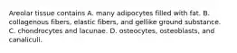 Areolar tissue contains A. many adipocytes filled with fat. B. collagenous fibers, elastic fibers, and gellike ground substance. C. chondrocytes and lacunae. D. osteocytes, osteoblasts, and canaliculi.