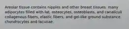 Areolar tissue contains nipples and other breast tissues. many adipocytes filled with fat. osteocytes, osteoblasts, and canaliculi collagenous fibers, elastic fibers, and gel-like ground substance. chondrocytes and lacunae.