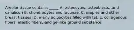 Areolar tissue contains _____ A. osteocytes, osteoblasts, and canaliculi B. chondrocytes and lacunae. C. nipples and other breast tissues. D. many adipocytes filled with fat. E. collagenous fibers, elastic fibers, and gel-like ground substance.