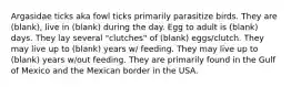 Argasidae ticks aka fowl ticks primarily parasitize birds. They are (blank), live in (blank) during the day. Egg to adult is (blank) days. They lay several "clutches" of (blank) eggs/clutch. They may live up to (blank) years w/ feeding. They may live up to (blank) years w/out feeding. They are primarily found in the Gulf of Mexico and the Mexican border in the USA.