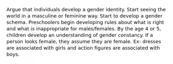 Argue that individuals develop a gender identity. Start seeing the world in a masculine or feminine way. Start to develop a gender schema. Preschoolers begin developing rules about what is right and what is inappropriate for males/females. By the age 4 or 5, children develop an understanding of gender constancy. If a person looks female, they assume they are female. Ex: dresses are associated with girls and action figures are associated with boys.