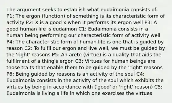 The argument seeks to establish what eudaimonia consists of. P1: The ergon (function) of something is its characteristic form of activity P2: X is a good x when it performs its ergon well P3: A good human life is eudaimon C1: Eudaimonia consists in a human being performing our characteristic form of activity well P4: The characteristic form of human life is one that is guided by reason C2: To fulfil our ergon and live well, we must be guided by the 'right' reasons P5: An arete (virtue) is a quality that aids the fulfilment of a thing's ergon C3: Virtues for human beings are those traits that enable them to be guided by the 'right' reasons P6: Being guided by reasons is an activity of the soul C4: Eudaimonia consists in the activity of the soul which exhibits the virtues by being in accordance with ('good' or 'right' reason) C5: Eudaimonia is living a life in which one exercises the virtues