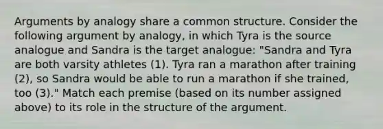 Arguments by analogy share a common structure. Consider the following argument by analogy, in which Tyra is the source analogue and Sandra is the target analogue: "Sandra and Tyra are both varsity athletes (1). Tyra ran a marathon after training (2), so Sandra would be able to run a marathon if she trained, too (3)." Match each premise (based on its number assigned above) to its role in the structure of the argument.