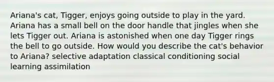 Ariana's cat, Tigger, enjoys going outside to play in the yard. Ariana has a small bell on the door handle that jingles when she lets Tigger out. Ariana is astonished when one day Tigger rings the bell to go outside. How would you describe the cat's behavior to Ariana? selective adaptation classical conditioning social learning assimilation