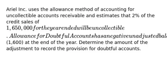 Ariel Inc. uses the allowance method of accounting for uncollectible accounts receivable and estimates that 2% of the credit sales of 1,650,000 for the year ended will be uncollectible. Allowance for Doubtful Accounts has a negative unadjusted balance of(1,600) at the end of the year. Determine the amount of the adjustment to record the provision for doubtful accounts.