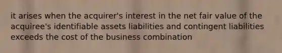 it arises when the acquirer's interest in the net fair value of the acquiree's identifiable assets liabilities and contingent liabilities exceeds the cost of the business combination